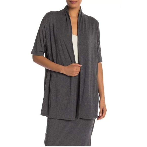 Eileen Fisher Open Front Elbow Sleeve Cardigan Kimono Womens Size S Gray Tencel - Picture 1 of 6